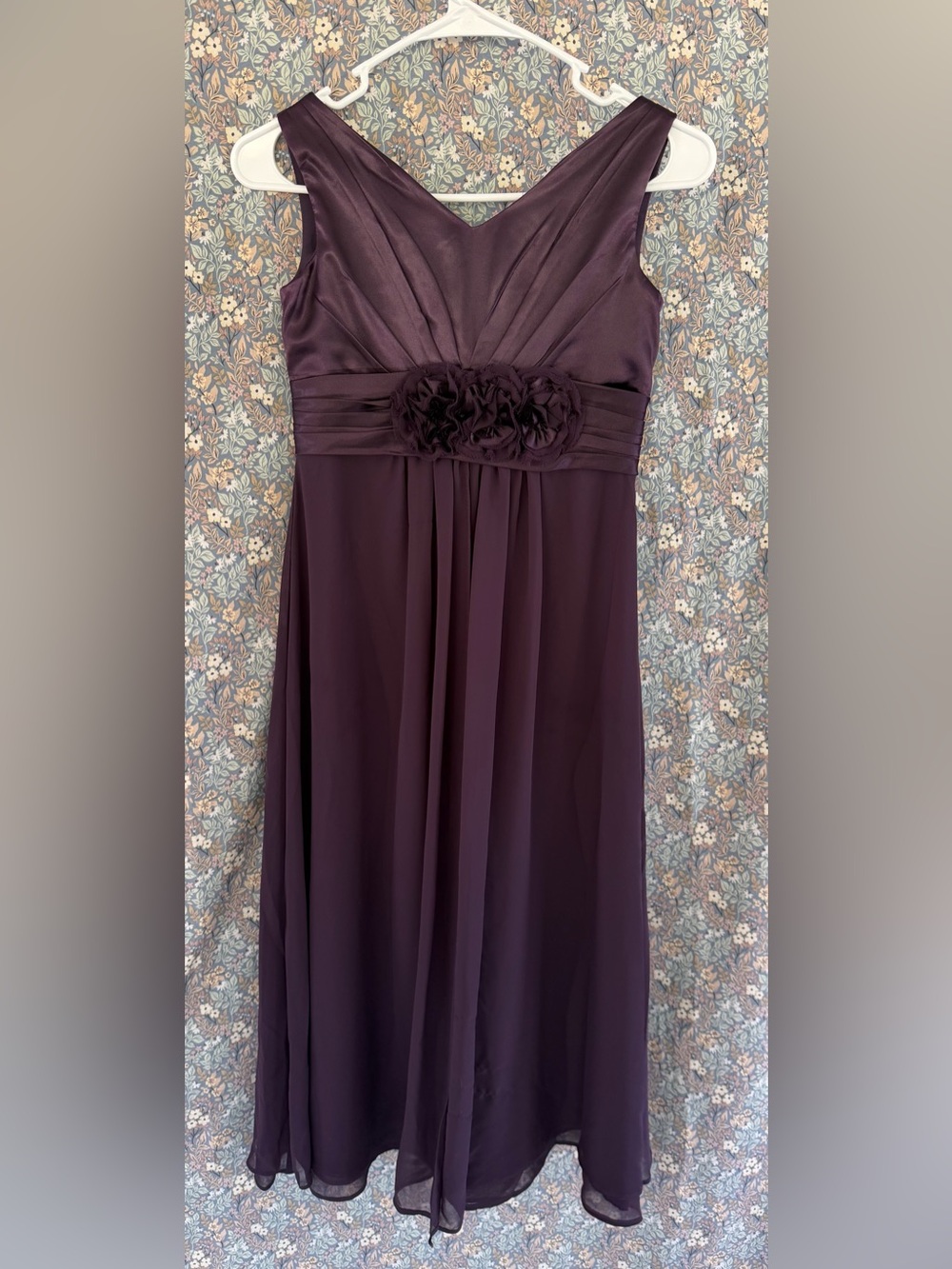 Bill Levkoff Plum V-Neck Chiffon Maxi Dress with Floral Waist